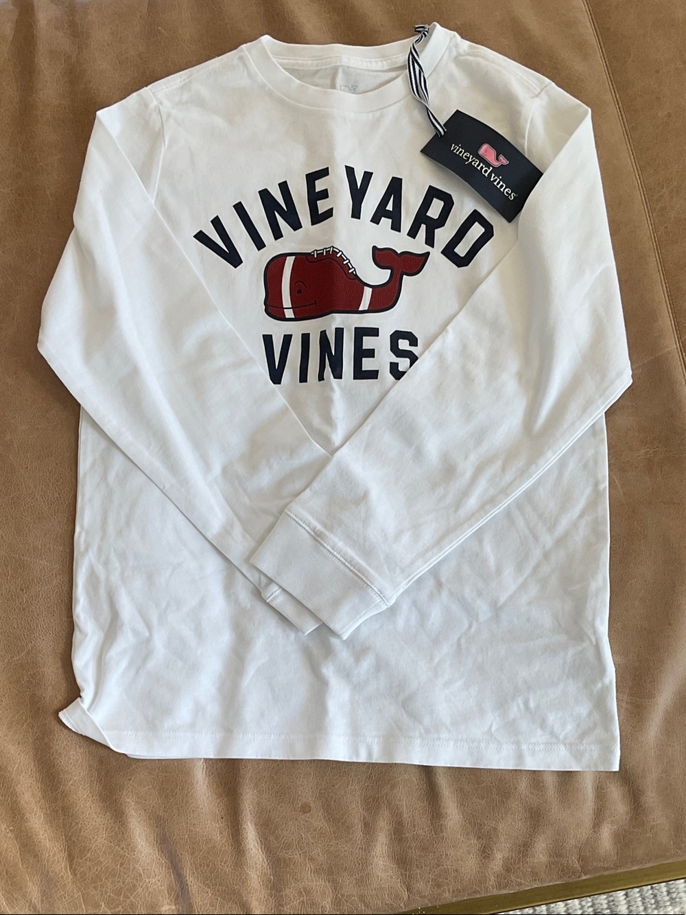 Vineyard Vines White Long-Sleeve Tee with Red Whale and Navy Text